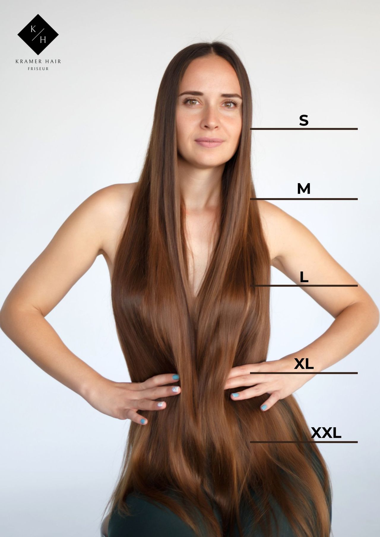 Frau an der erkäntlich ist ab welcher Länge S, M, L oder XL beginnt.