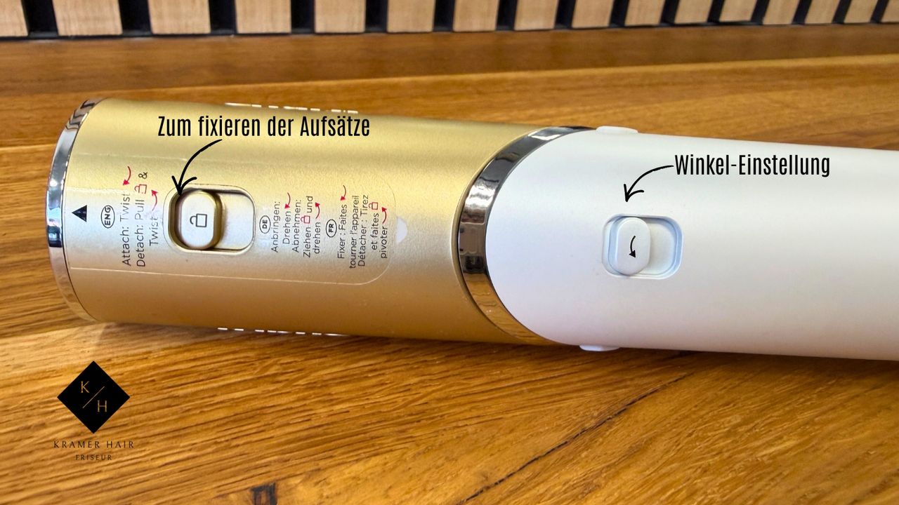 Die Rückseite des Shark Glam mit der eingellung des Winkels und Feststellknopf für die Aufsätze.