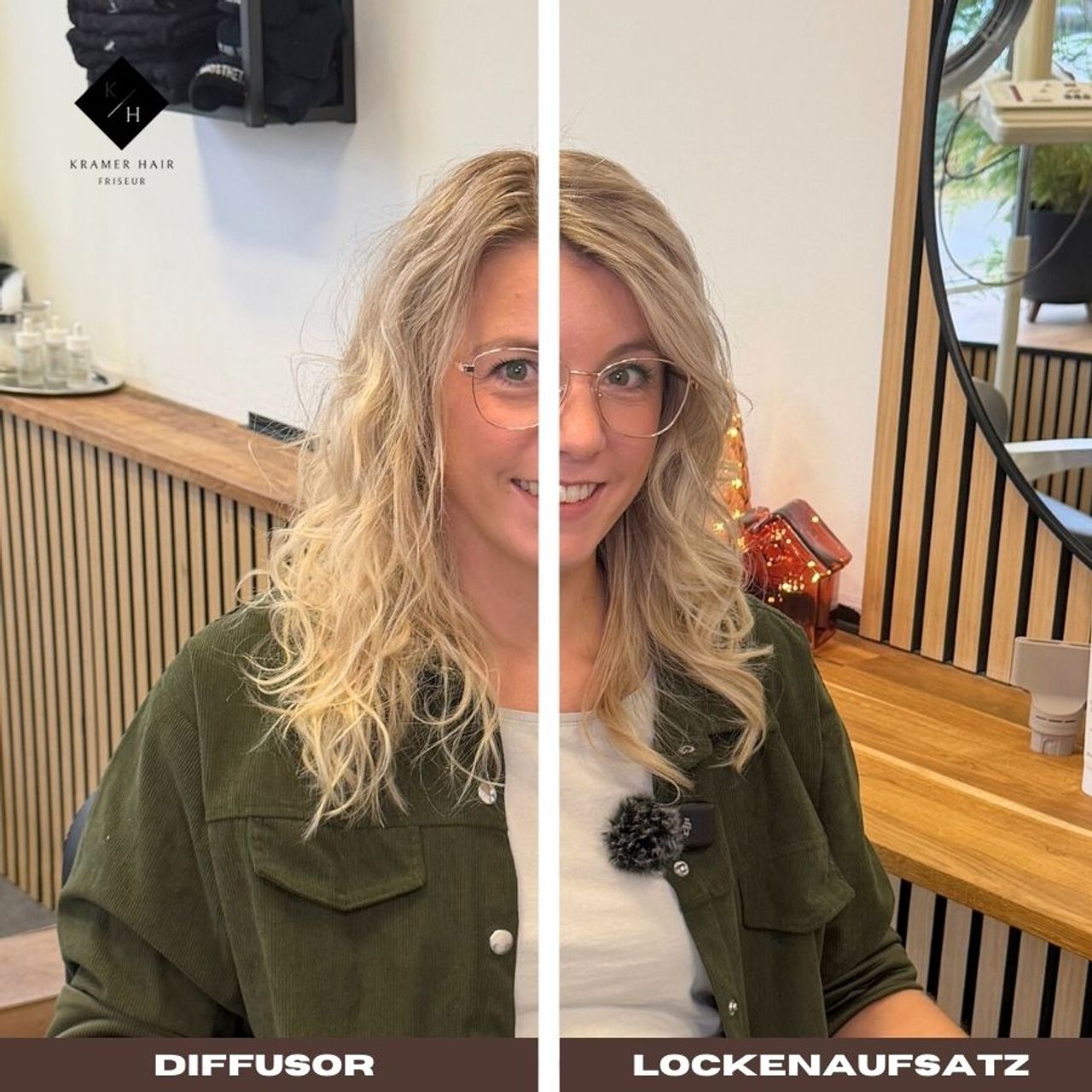 Auf der Linken seite ist das Haar mit dem Shark Diffusor gestylt und rechts Mit dem Shark Glam Lockenstab