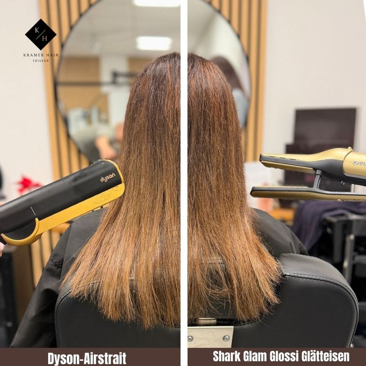 Dyson Airstrait vs. Shark Glam Silki Glätteisen getestet an einer Kundin mit dicken, langen und winderspenstigem Haar 