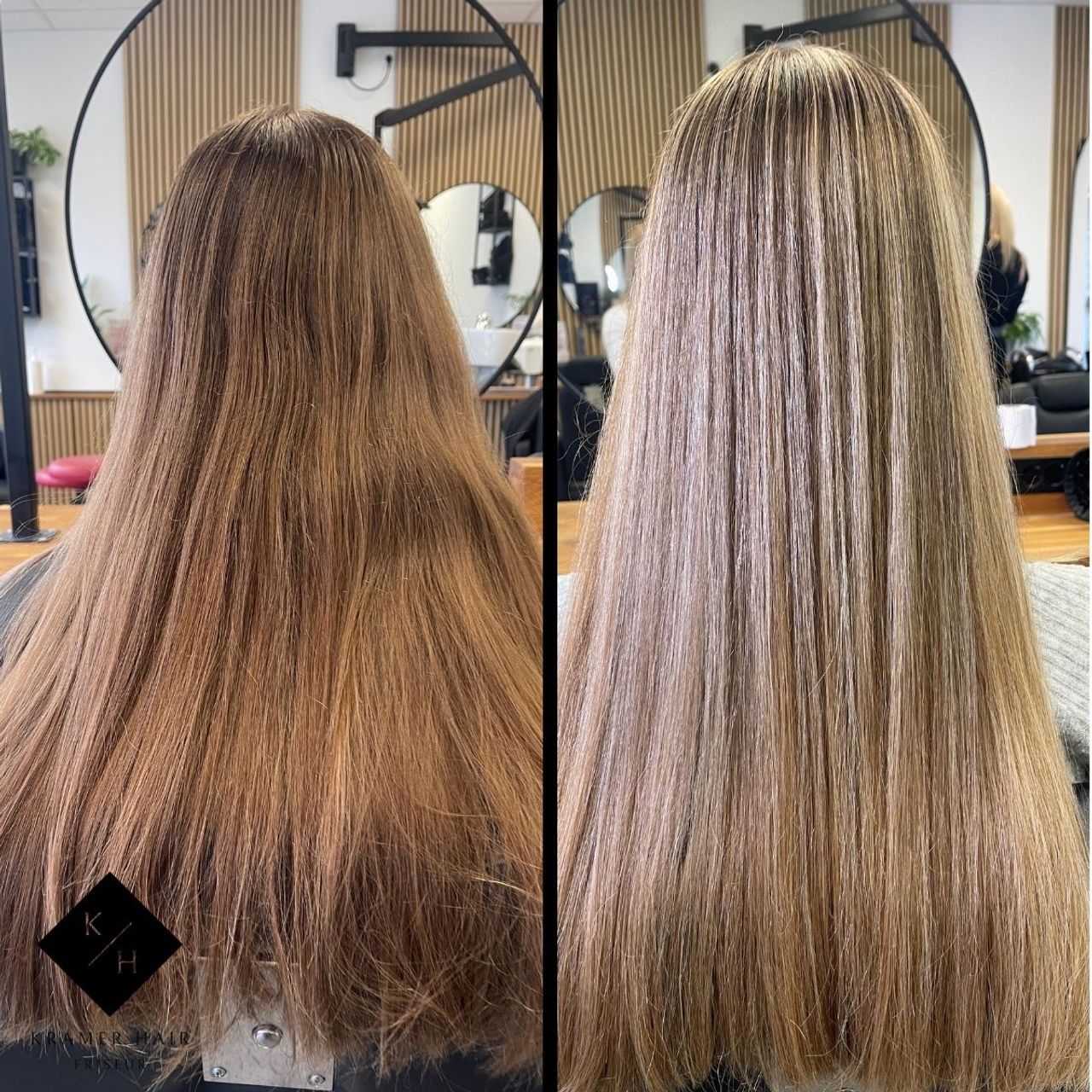 Airtouch an langen Haaren, vorher nachher von warmem Braun zu kühlem Blond