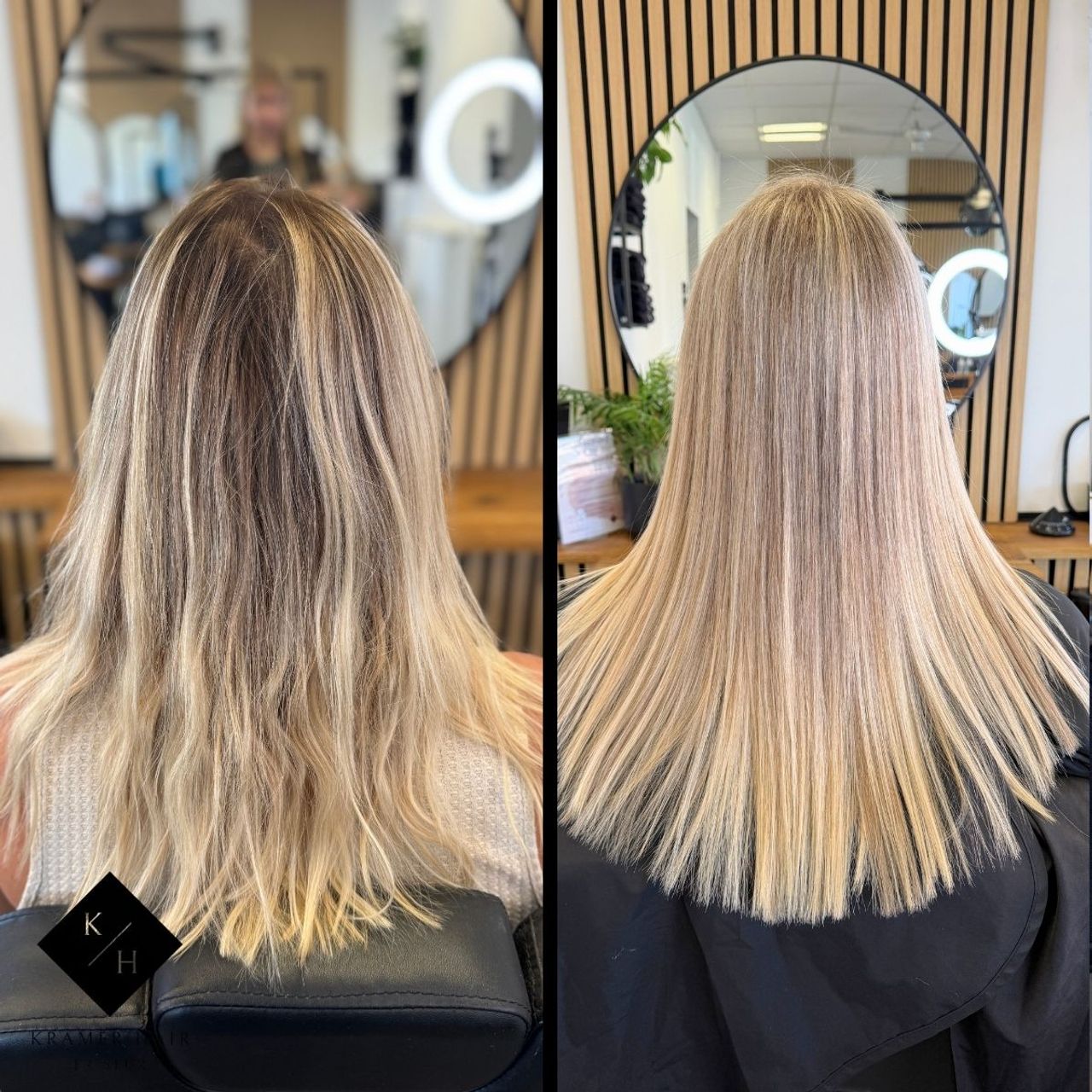 Airtouch vorher nachher: dunkelblonder Ansatz aufgehellt zu hellem Blond