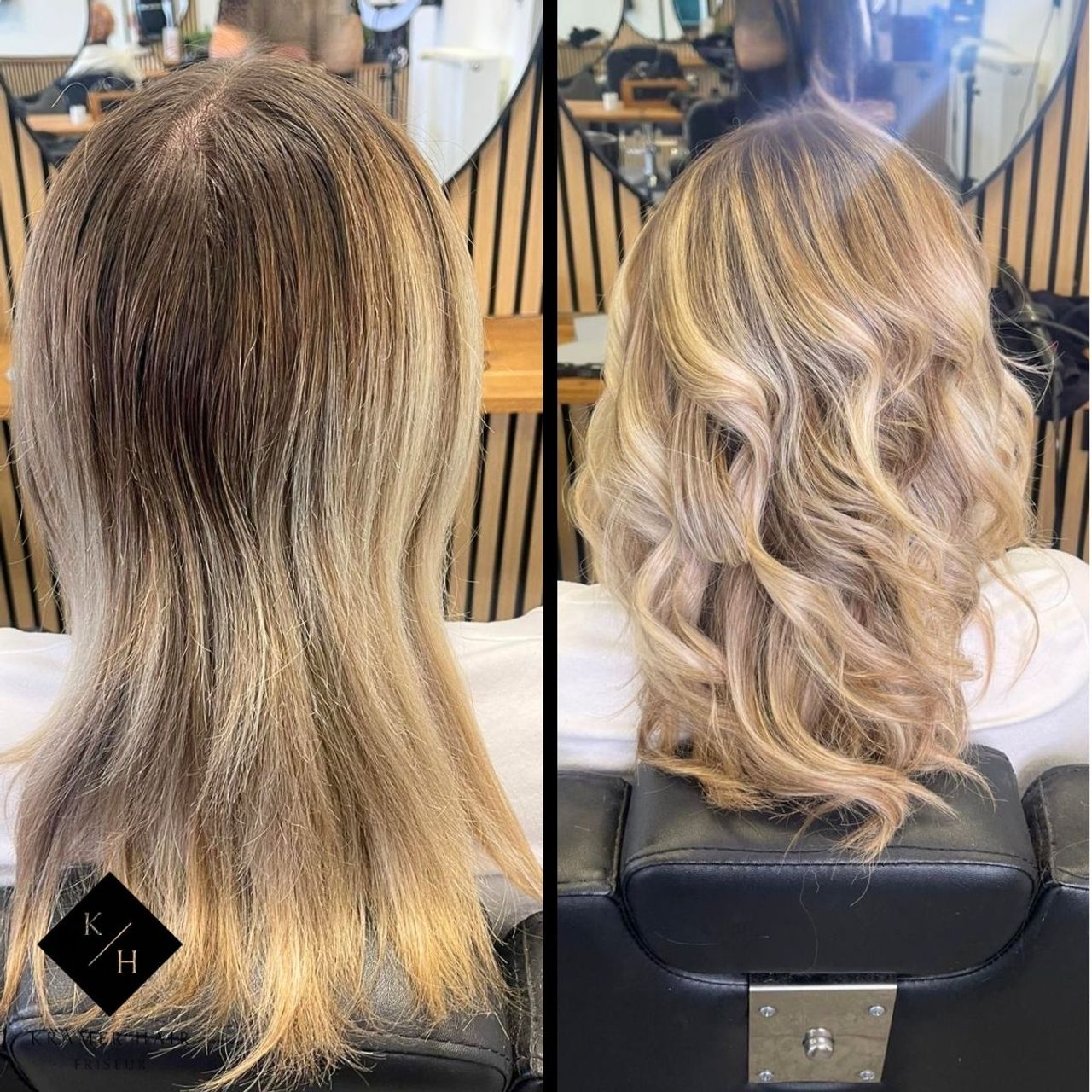 Airtouch vorher nachher: dunkler Ansatz wird gewelltes Blond, mittellanges Haar