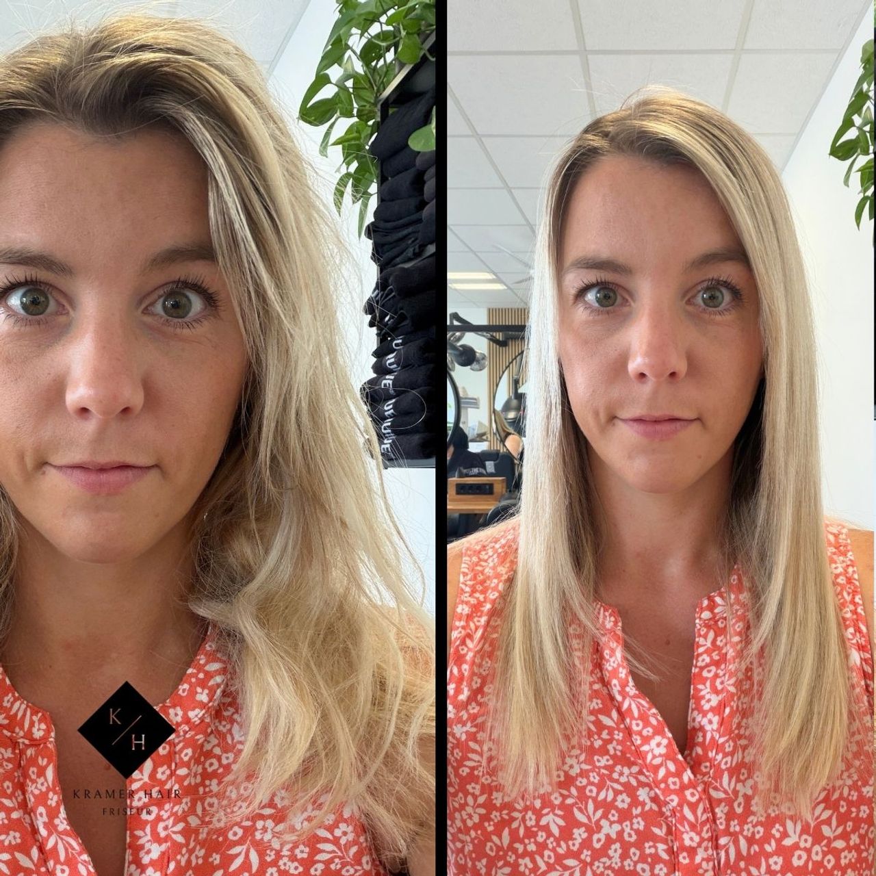 Vorher welliges, struppiges Haar. Nachher glattes, glänzendes Haar 