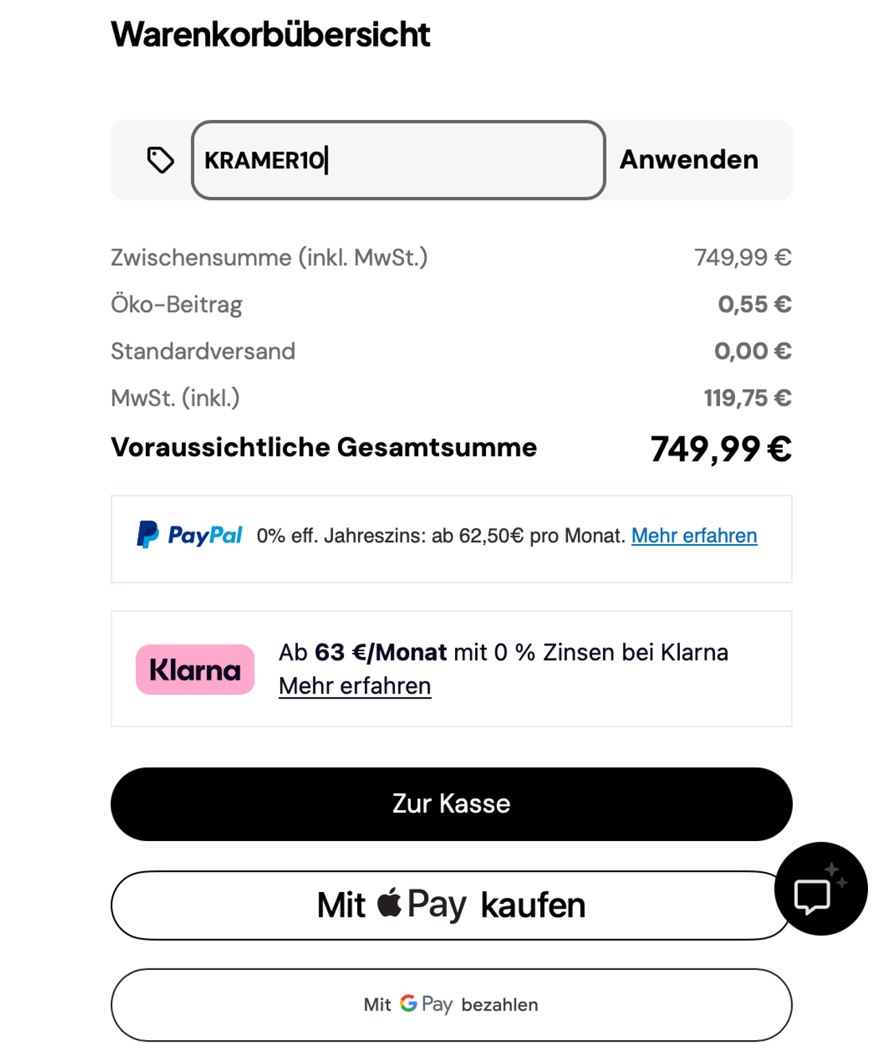 Gutscheinfeld im SharkNinja Warenkorb mit eingetragenem Aktionscode KRAMER10