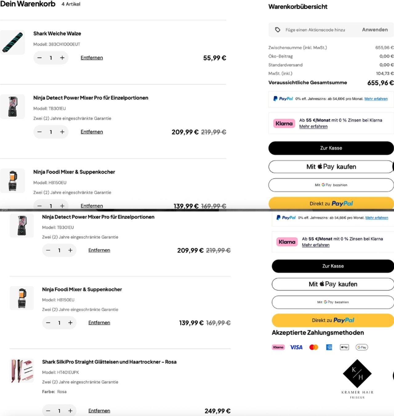 SharkNinja Warenkorb mit vier Produkten ohne Rabattcode: Shark SilkiPro Straight für 249,99 Euro, Ninja Detect Powermixer Pro für 209,99 Euro, Ninja Foodi Mixer für 139,99 Euro und Shark Ersatzwalze für 55,99 Euro