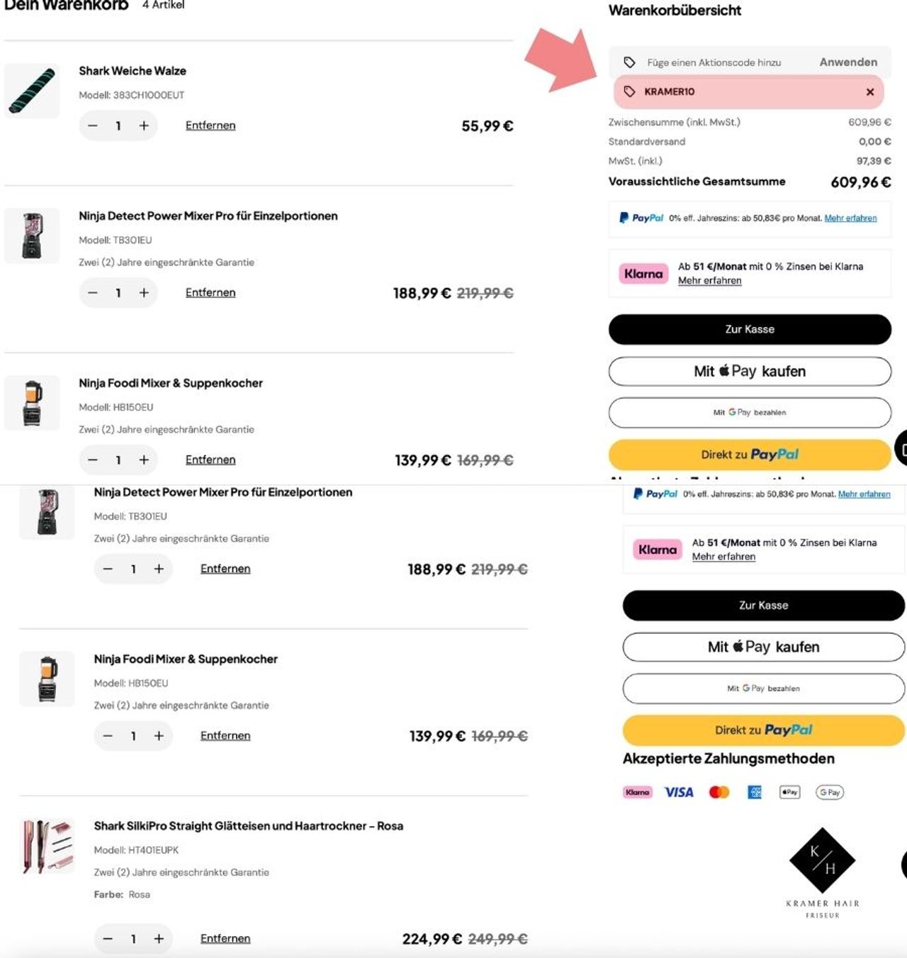 Derselbe SharkNinja Warenkorb mit Code KRAMER10: Shark SilkiPro Straight für 224,99 Euro und Ninja Detect Powermixer Pro für 188,99 Euro reduziert, Ninja Foodi Mixer und Ersatzwalze unverändert