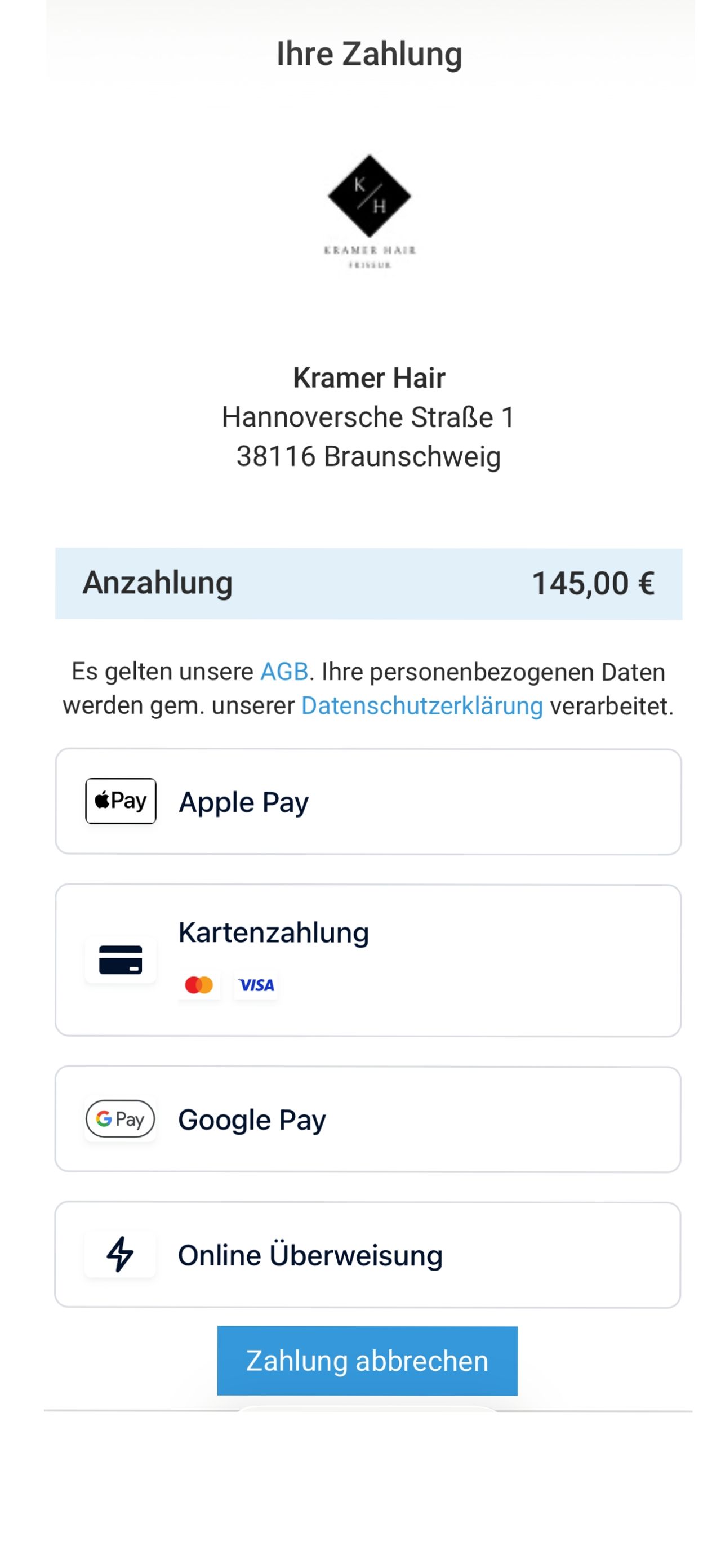 Zahlungsseite für die Anzahlung bei Kramer Hair Zahlungsseite für die Anzahlung bei Kramer Hair mit Apple Pay, Kartenzahlung, Google Pay und Online-Überweisung