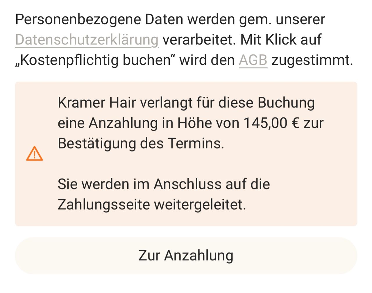 Anzahlung bei der Onlinebuchung über Studiobookr Onlinebuchung bei Studiobookr: Hinweis, dass Kramer Hair für die Buchung eine Anzahlung verlangt, mit dem Button Zur Anzahlung