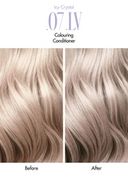 Vor und Nachdem der Glam+Colour Icy Crystal .07 .LV Colouring Conditioner benutzt wurde. erkennbar ist vorher der Gelbstich, der neutralisiert wurde.