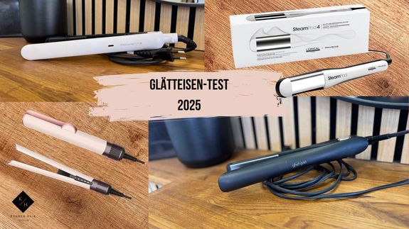 Collage aus den getesteten Glätteisen 2025. auf dem Bild: Rowenta Optiliss Hair Glätter, ghd Gold Styler, Dyson Airstrait und L’Oréal SteamPod 4.
