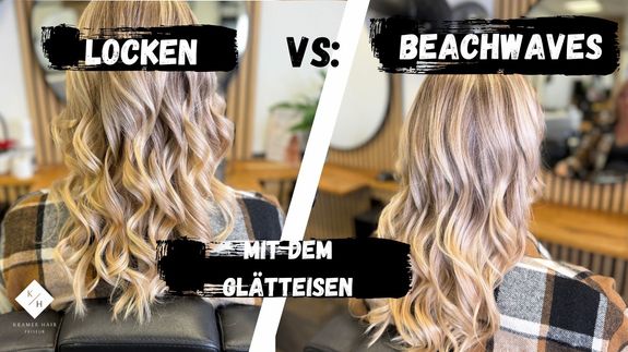 Locken vs. Beachwaves mit dem Glätteisen. " Bilder einer Frau mit blonden, langes Haaren. Ein Bild mit Beachwaves und das andere mit Locken, beide wurden mit dem Glätteisen gemacht.