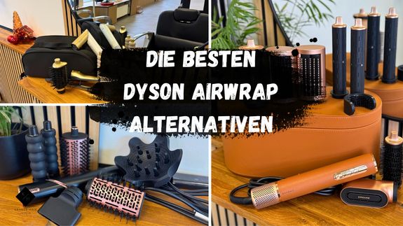 Collage aus den 3 besten Dyson Arwrap Alternativen. Links oben: der Shark Glam; Links unten: Shark FleyStyle; Rechts: Dream AirStyler Pro 